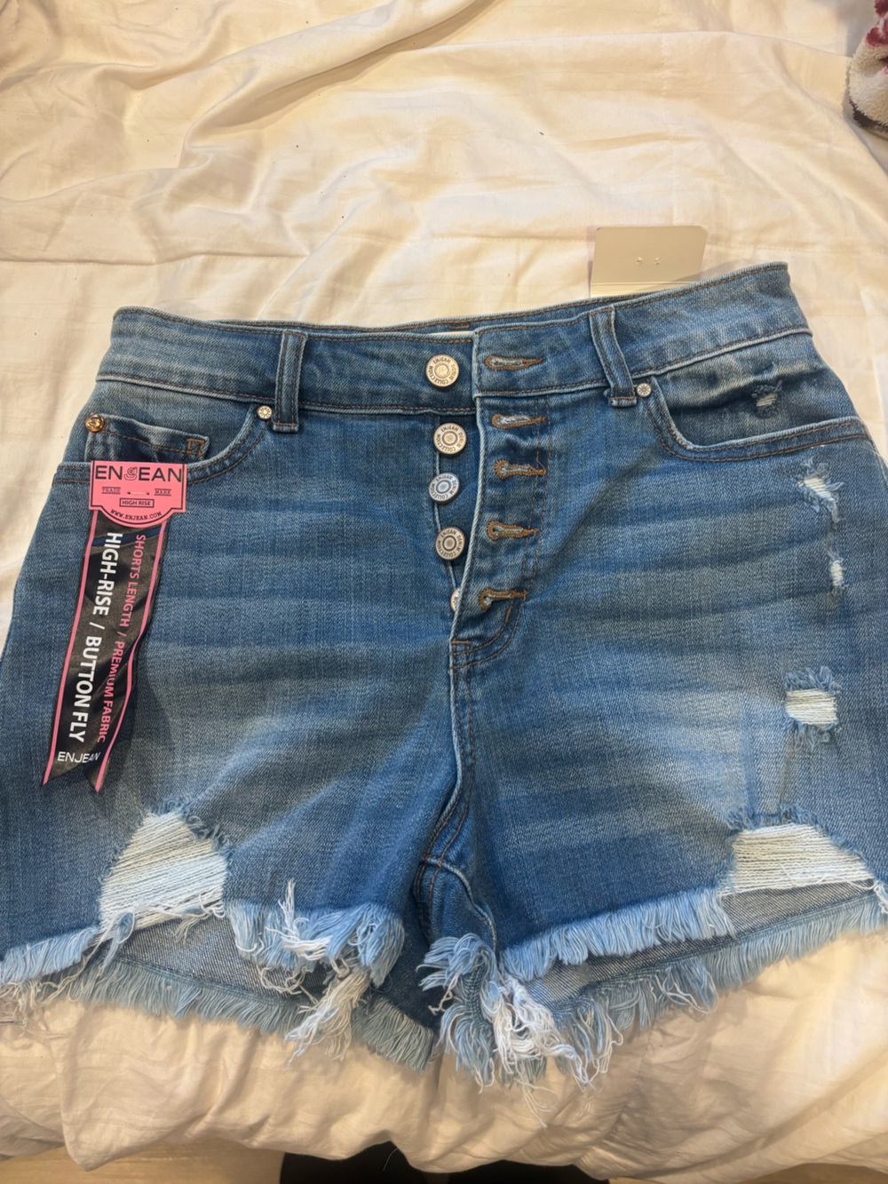 High-Rise Button Fly Distressed Denim Shorts - Blue